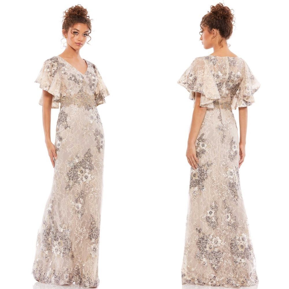 Mac Duggal 67842 Bell Sleeve Floral Embellished Formal Event Gown, Taupe Size 4